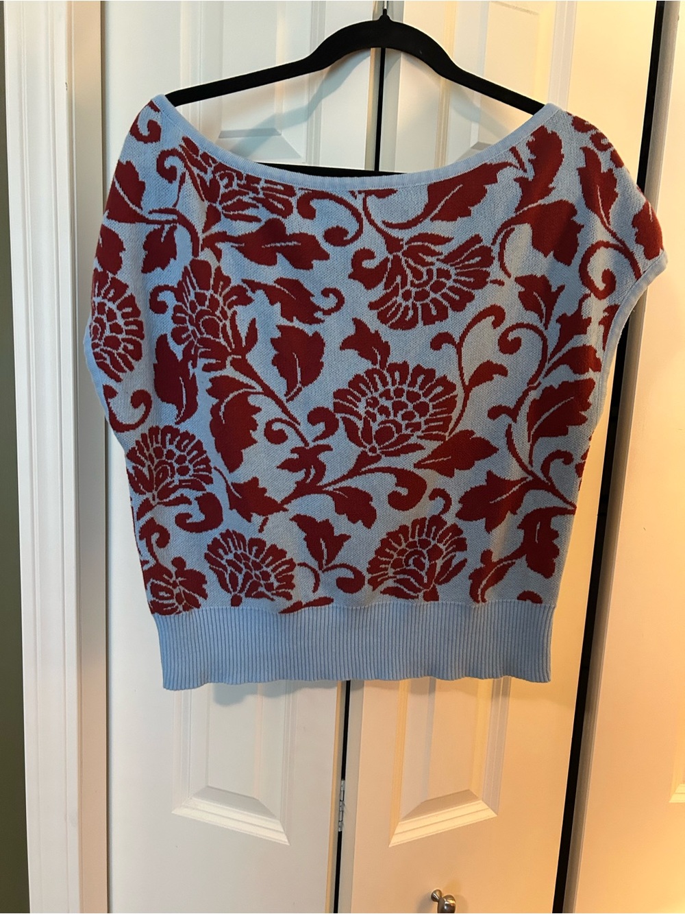 OXKnit Off-the-Shoulder Floral Knit Sweater - Light Blue & Rust